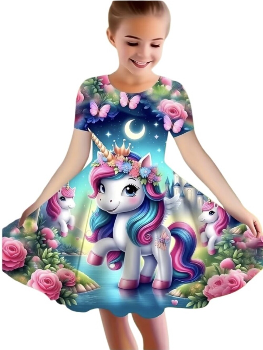 Girls Unicorn Print Party Dress in Multicolor